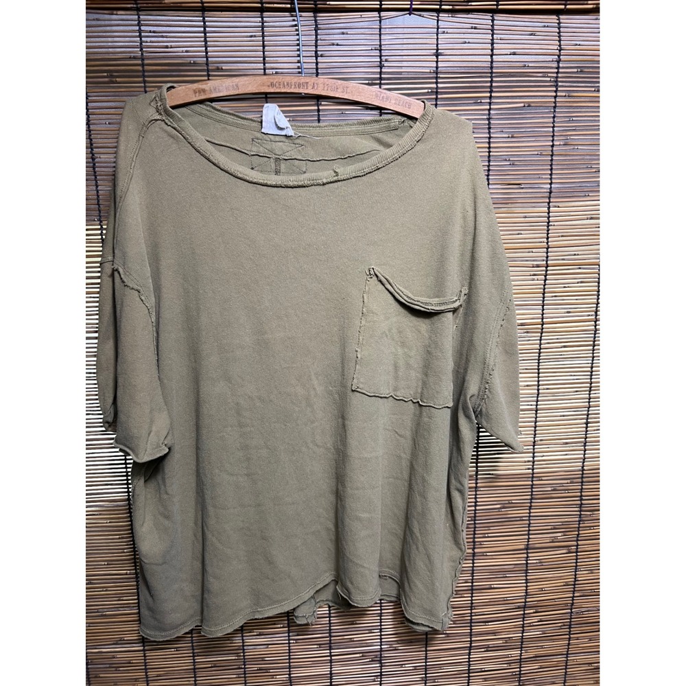 We The Free Free People Olive Green Oversized Raw Edge Pocket Tee Shirt Medium